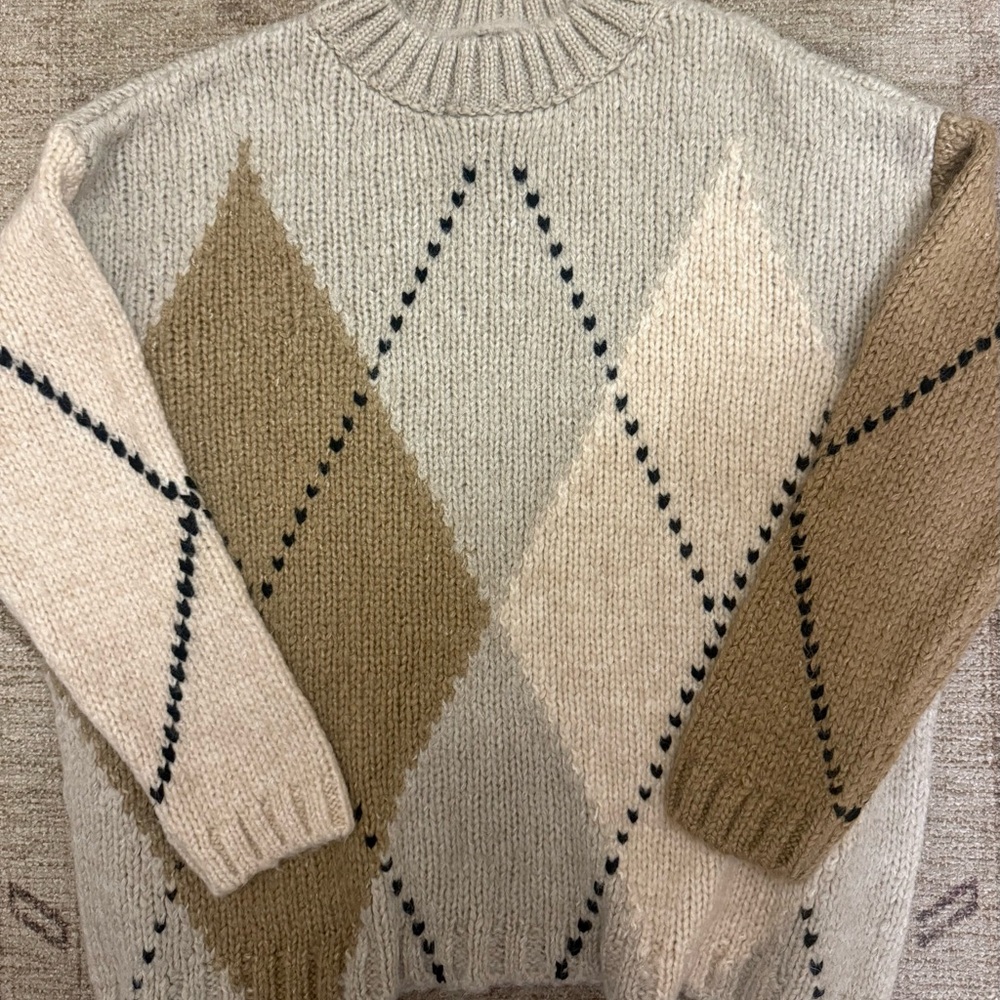 Zara Cream and Tan Argyle Turtleneck Sweater